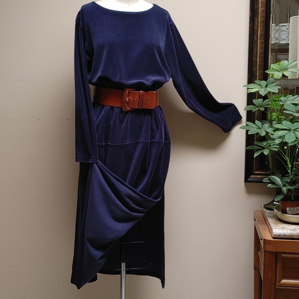 Blue Embossed Velvet Long Sleeve Maxi Dress Muffler Pocket M - Picture 1 of 12